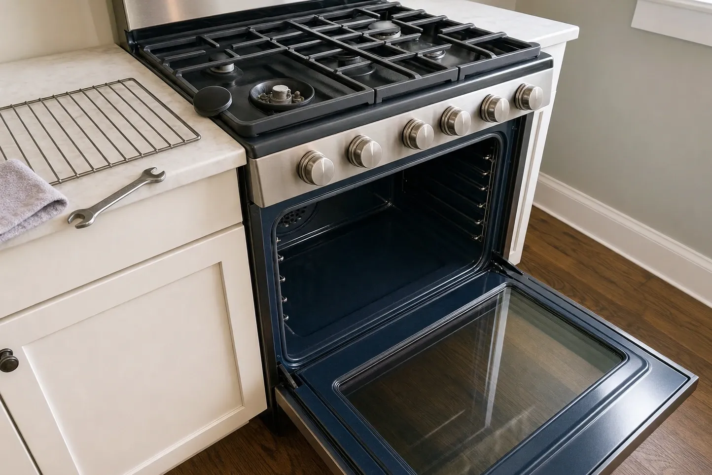 Gas range with cast-iron grates over four sealed burners and six control knobs, one burner cap lifted away so the burner base and its igniter show